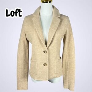 LOFT Women's Tan Knit Blazer Jacket Two Button Collar Pockets Size Medium